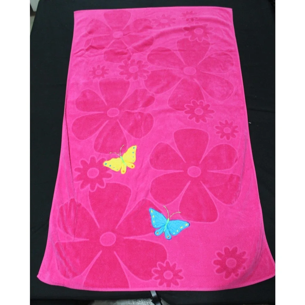 Vintage Y2K Sun Sational Pink Floral Butterfly Beach Towel 37x63 Cotton